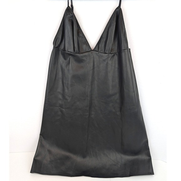 Unbranded Dresses & Skirts - Black Faux Leather V-Neck Mini Dress Empire Waist Adjustable Spaghetti Straps M